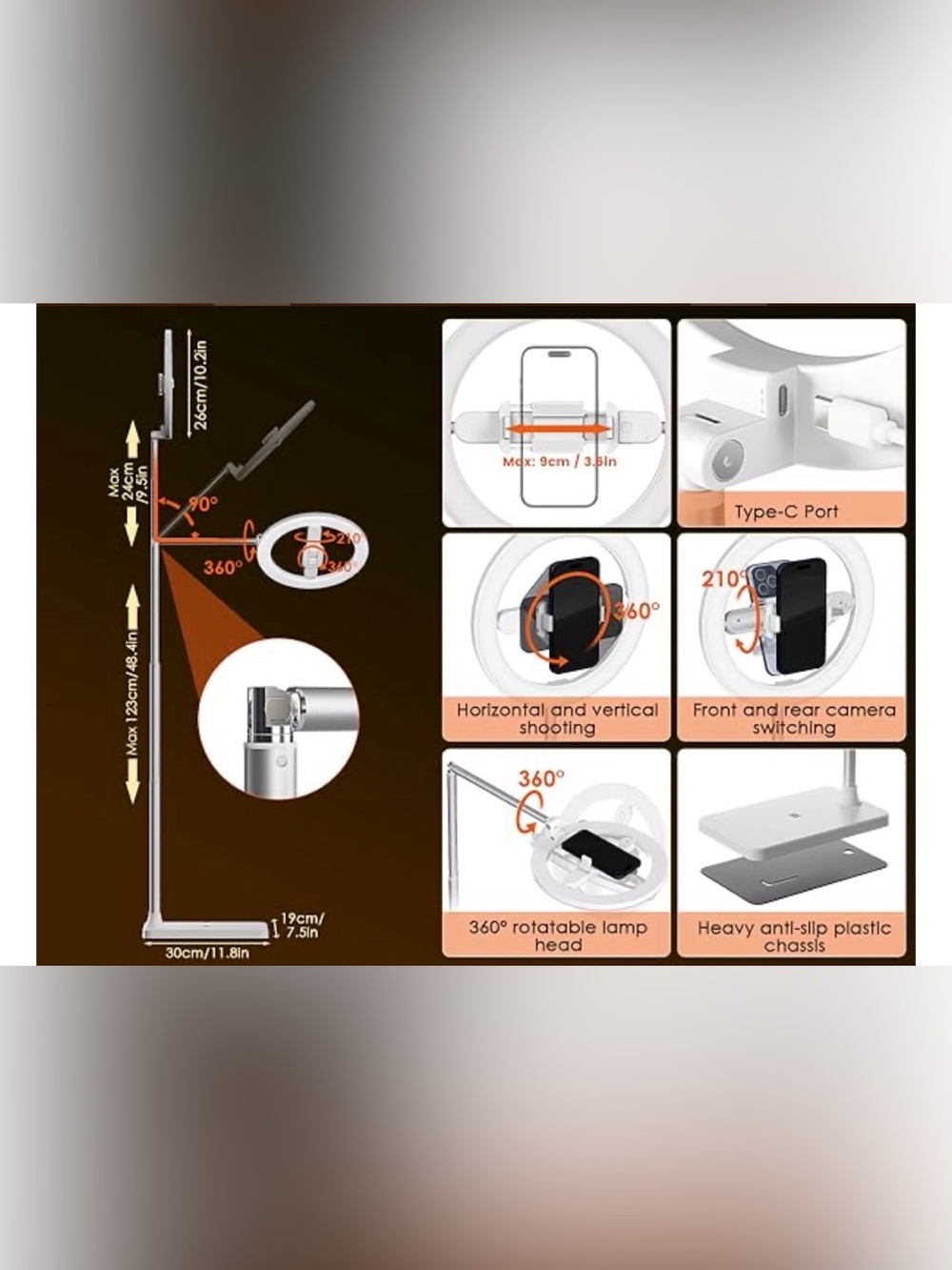 Adjustable LED Floor Lamp with Ring Light and Phone Holder - Picture 8 of 14